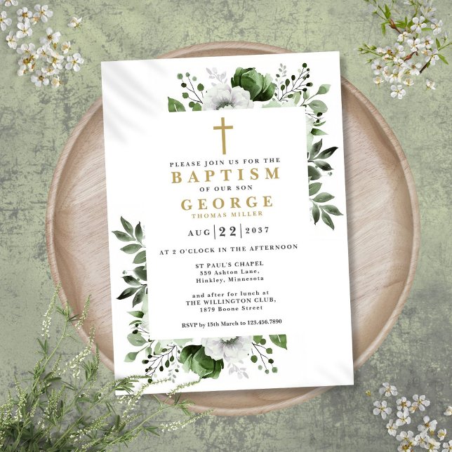 Olive Green Floral Botanical Modern Taufe Einladung (Olive Green Floral Botanical Modern Baptism Invitation)