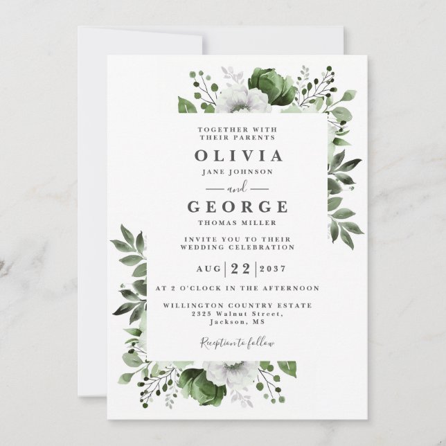 Olive Green Floral Botanical Modern Wedding Einladung (Vorderseite)