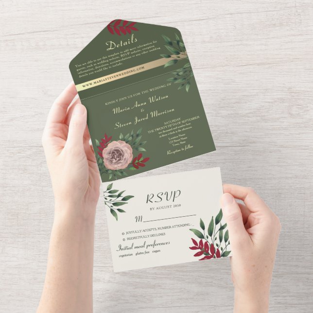 Olive Green Floral Botanical Wedding All In One Einladung (Abreißen)