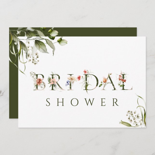 Olive Green Floral BotanLetter Brautparty Einladung (Vorne/Hinten)