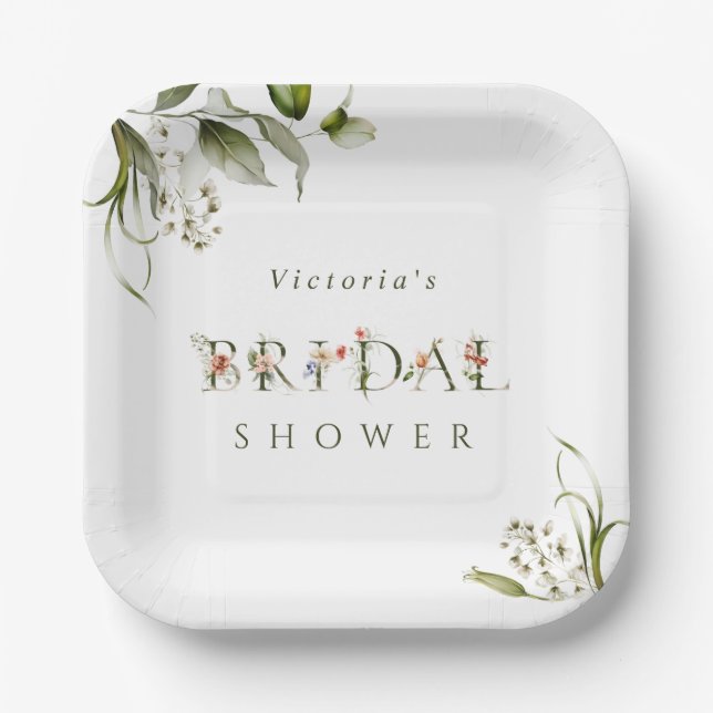 Olive Green Floral BotanLetter Brautparty Pappteller (Vorderseite)