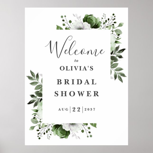Olive Green Floral Brautparty Begrüßungszeichen Poster (Vorne)
