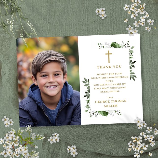 Olive Green Floral Foto Erste Heilige Kommune Dankeskarte (Olive Green Floral Photo First Holy Communion Thank You Card)