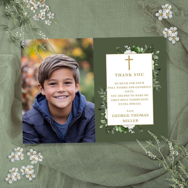 Olive Green Floral Foto Erste Heilige Kommune Dankeskarte (Olive Green Floral Photo First Holy Communion Thank You Card)