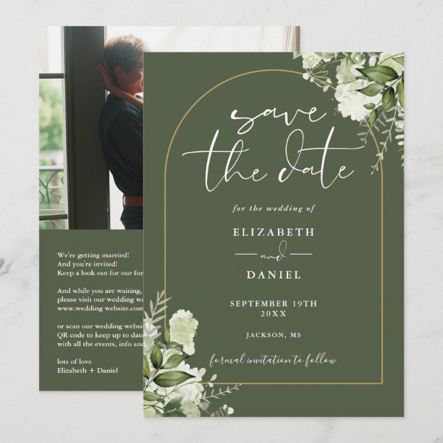 Olive Green Floral Gold Arch Foto QR Code Hochzeit Save The Date (Vorne/Hinten)
