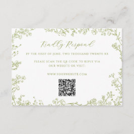 Olive Green Floral Line Art Wedding QR Code Begleitkarte