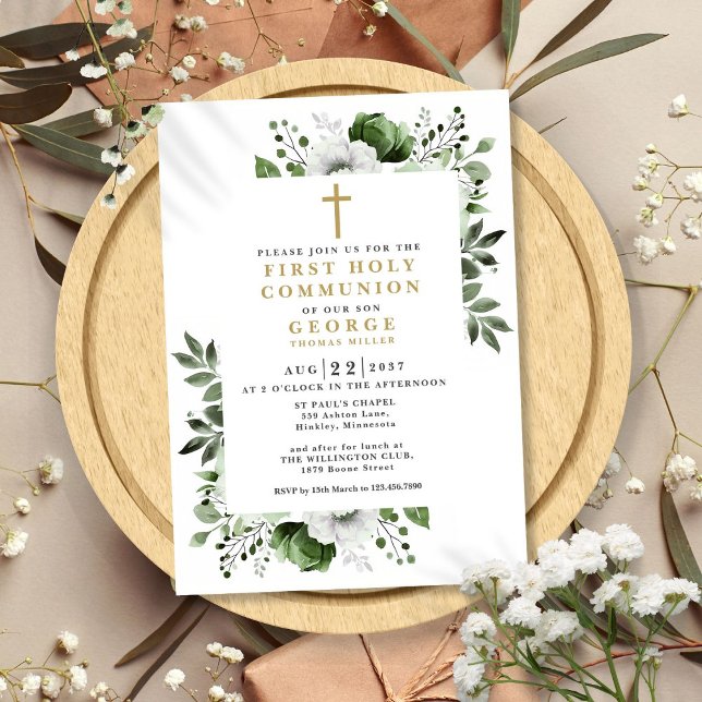 Olive Green Floral Moderne Erste Heilige Kommune Einladung (Olive Green Floral Modern First Holy Communion Invitation)