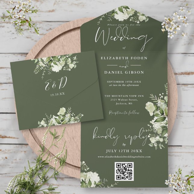 Olive Green Floral QR Code Monogram Wedding All In One Einladung (Olive Green Floral QR Code Monogram Wedding All In One Invitation)
