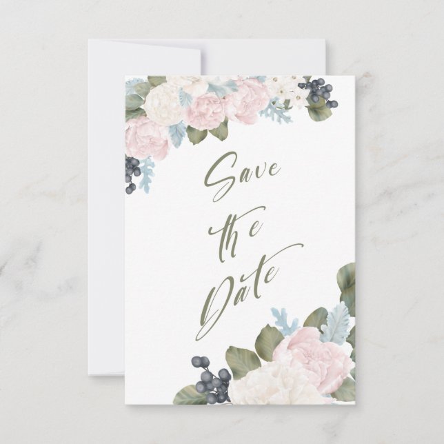 Olive Green Floral Save the Date Non Foto (Vorderseite)