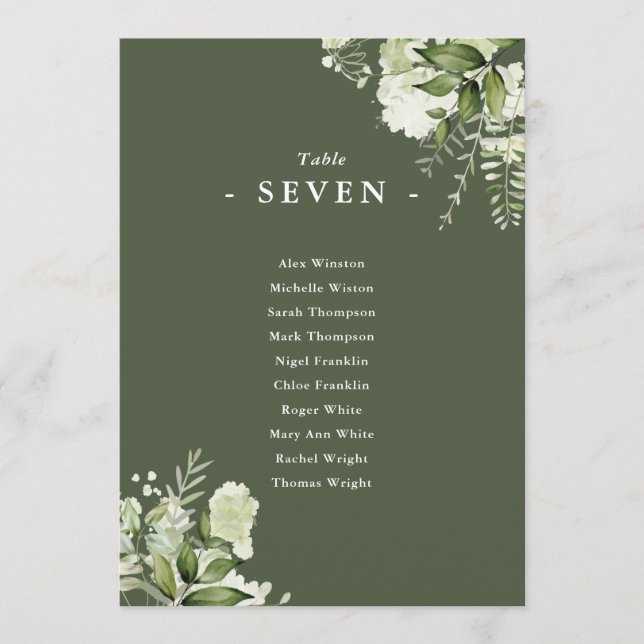 Olive Green Floral Sitzplan Tischnummer (Vorderseite)