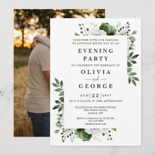 Olive Green Floral Wedding Abend Party Foto Einladung