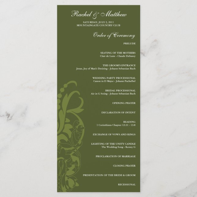 Olive Green Floral Wedding Program Programm (Vorderseite)