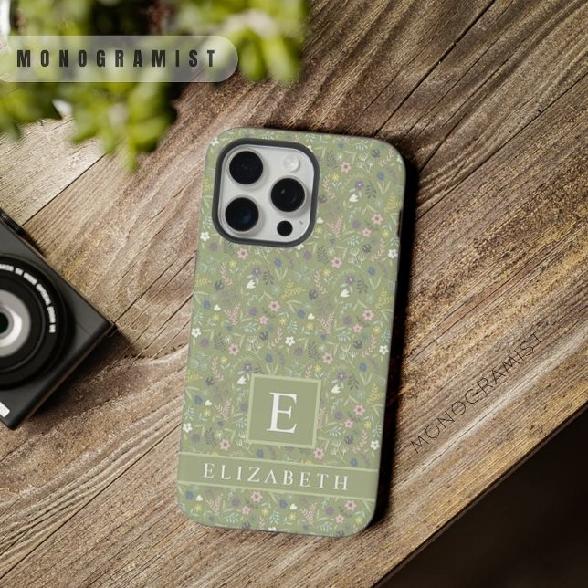 Olive Green Floral White Pink Blume im Olive Sage- iPhone Hülle (Custom Sage Olive Green Floral White Pink Flowers iPhone Case)