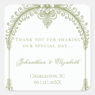 Olive Green French Blüh Arch Gastgeschenk Hochzeit Quadratischer Aufkleber