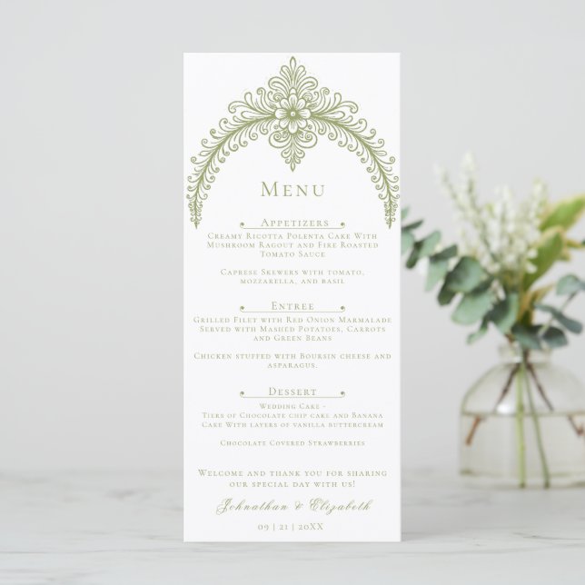 Olive Green French Blüh Arch Wedding Menükarte (Stehend Vorderseite)