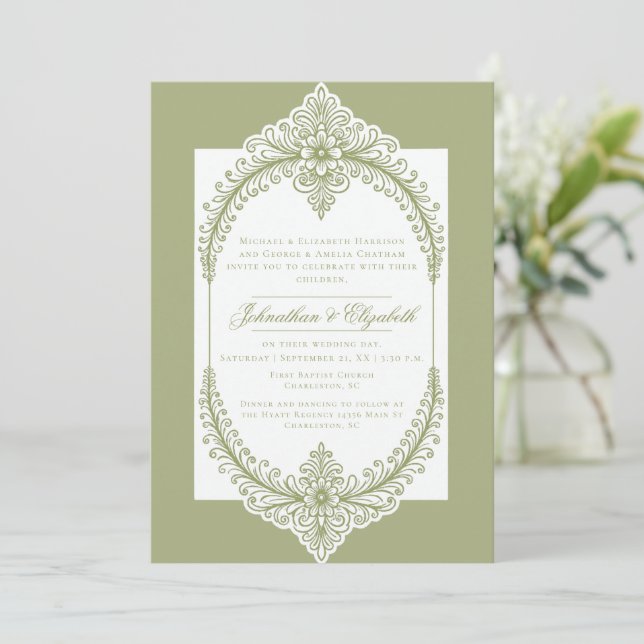 Olive Green French Blüh Frame Wedding Einladung (Stehend Vorderseite)