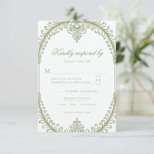 Olive Green French Blüh Frame Wedding RSVP Karte (Stehend Vorderseite)