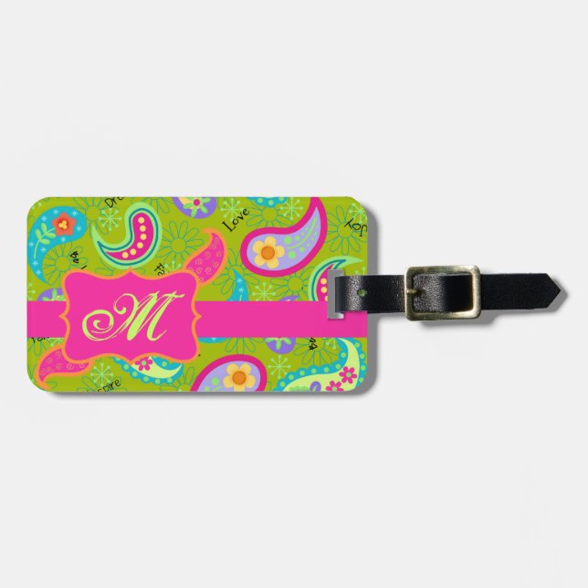 Olive Green Fuchsia Pink Modern Paisley Monogram Gepäckanhänger (Vorderseite horizontal)