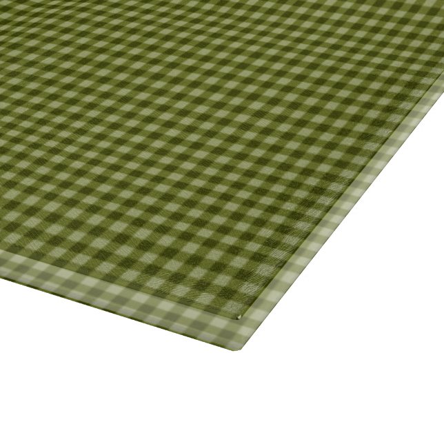 Olive Green Gingham-15x11 GLASS CUTTING BOARD Schneidebrett (Ecke)