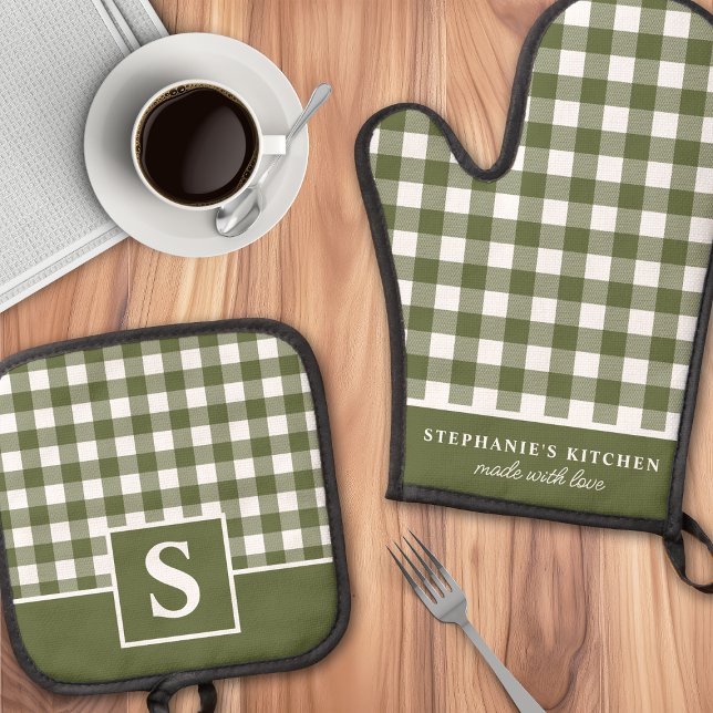 Olive Green Gingham Kariert Checked Mit Monogramm Ofenhandschuh & Topflappen-Set (Von Creator hochgeladen)