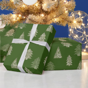 Olive Green Glitzer Weihnachtsbäume Geschenkpapier