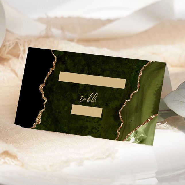 Olive Green Gold Agate Script Hochzeitstisch Platzkarte (Von Creator hochgeladen)