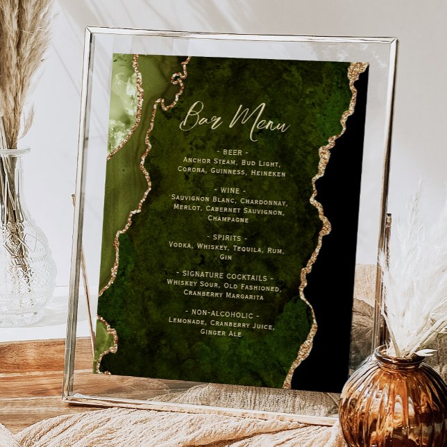 Olive Green Gold Agate Script Wedding Bar Menu  Poster (Von Creator hochgeladen)