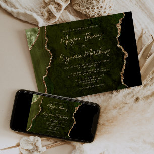 Olive Green Gold Agate Script Wedding Einladung