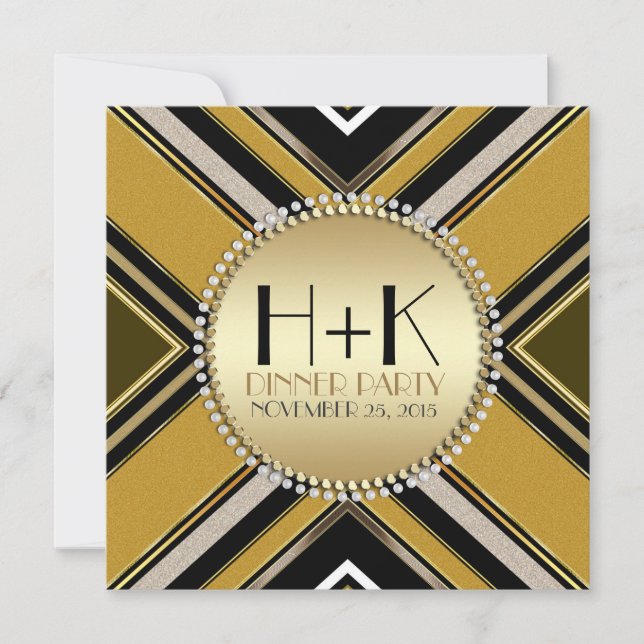 Olive Green Gold Art Deco Abendessen Party Einladu Einladung (Vorderseite)