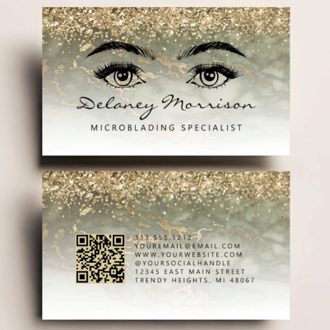 Olive Green Gold Marmor Augen QR Code Microblading Visitenkarte (Von Creator hochgeladen)