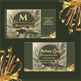 Olive Green Gold Monogram Beautician Beruflich Visitenkarte