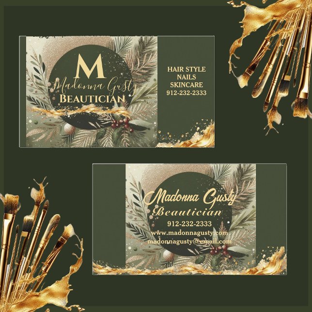 Olive Green Gold Monogram Beautician Beruflich Visitenkarte (Olive Green Gold Monogram Beautician Professional Business Card)