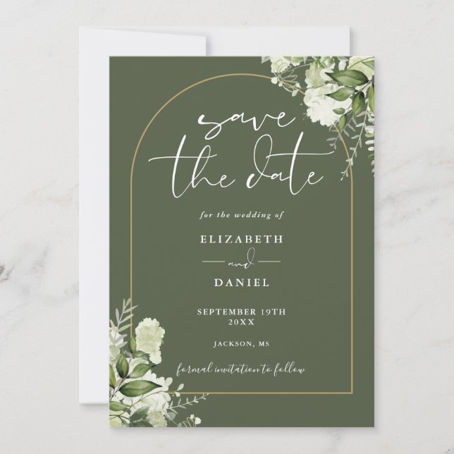 Olive Green Greenery Bloral Gold Arch Wedding Save The Date (Vorderseite)