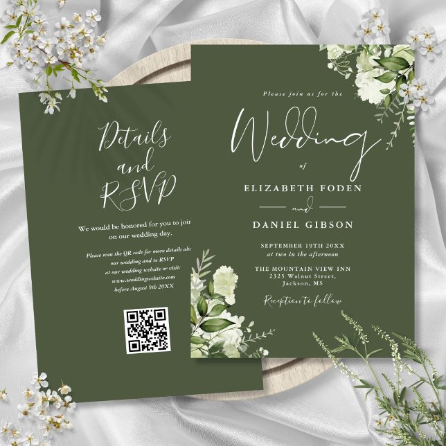 Olive Green Greenery Floral QR Code Hochzeit Einladung (Olive Green Greenery Floral QR Code Wedding Invitation)