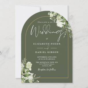 Olive Green Greenery Gold Arch Monogram Wedding Einladung