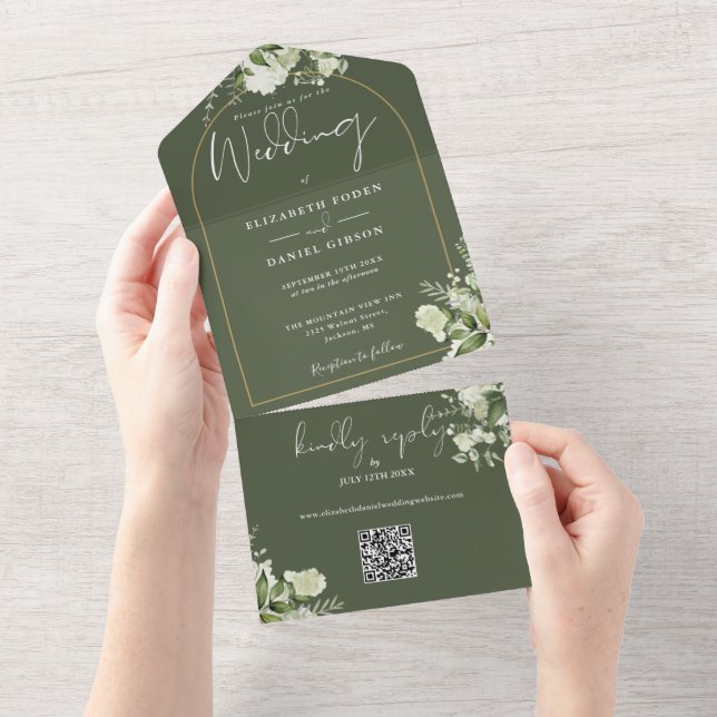Olive Green Greenery Gold Arch QR Code Hochzeit All In One Einladung (Abreißen)