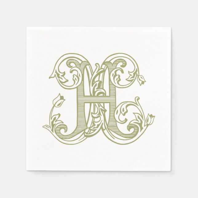 Olive Green "H" Monogram Cocktail Napkins Serviette (Vorderseite)