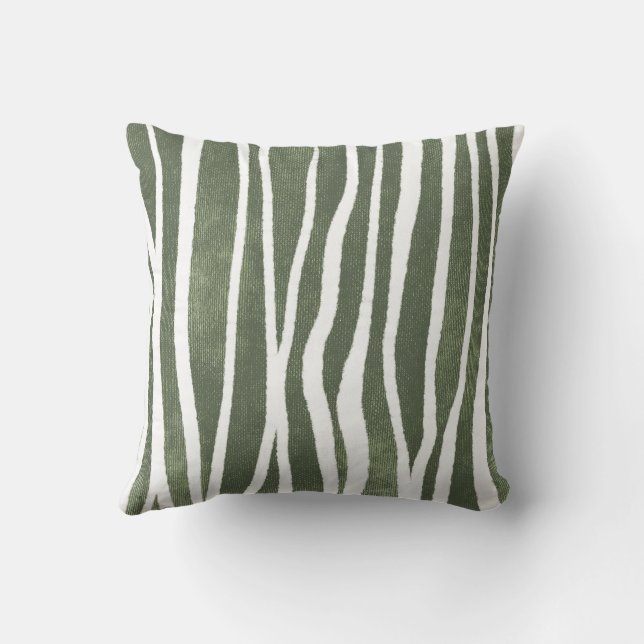 Olive Green Hand-Drawn Organic Wobbly Stripes Kissen (Rückseite)