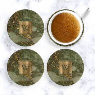 Olive Green Imitats Marble Gold Monogram Getränkeuntersetzer
