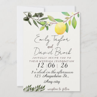 olive green leaf branch and Lemon wedding Einladung