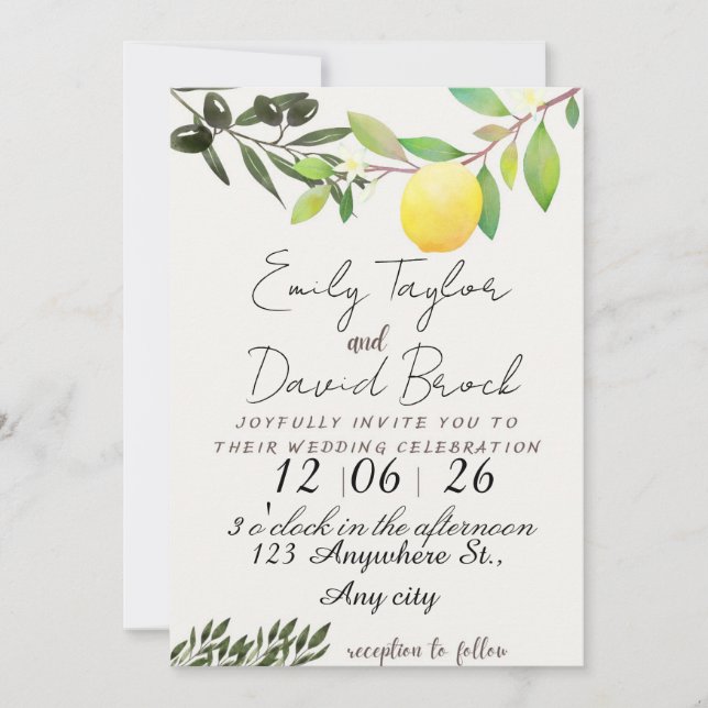 olive green leaf branch and Lemon wedding Einladung (Vorderseite)