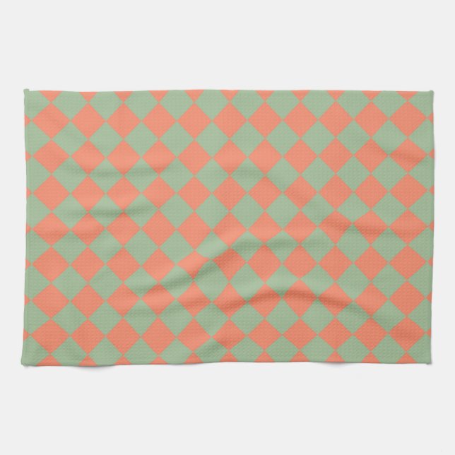 Olive Green Lmon Pink Schachbrett Diamant Muster Geschirrtuch (Horizontal)