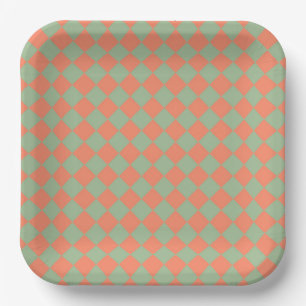 Olive Green Lmon Pink Schachbrett Diamant Muster Pappteller