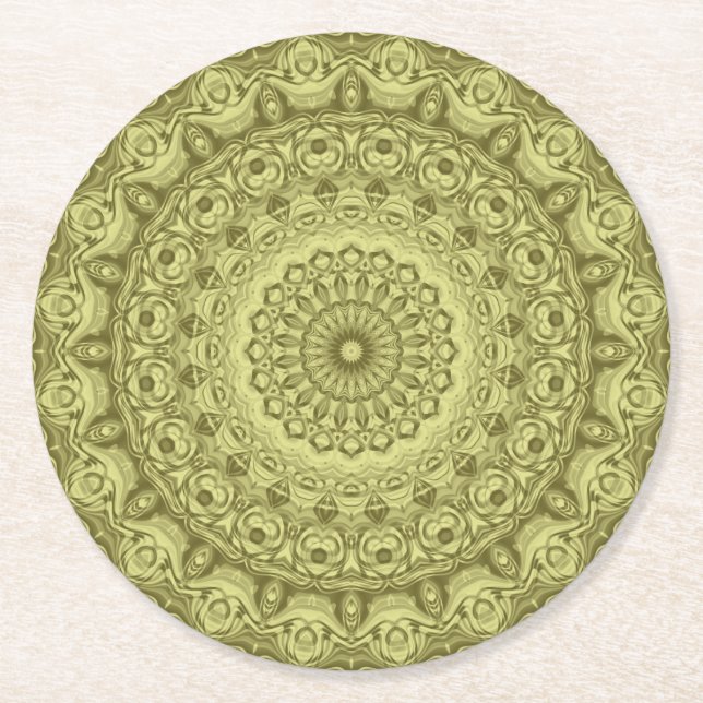 Olive Green Mandala Design Runder Pappuntersetzer (Vorderseite)