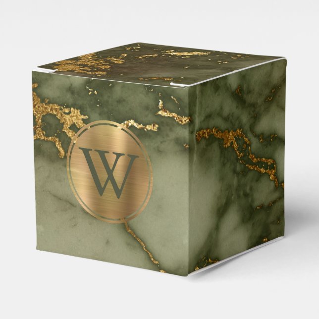 Olive Green Marble Gold Monogram Geschenkschachtel (Vorderseite)