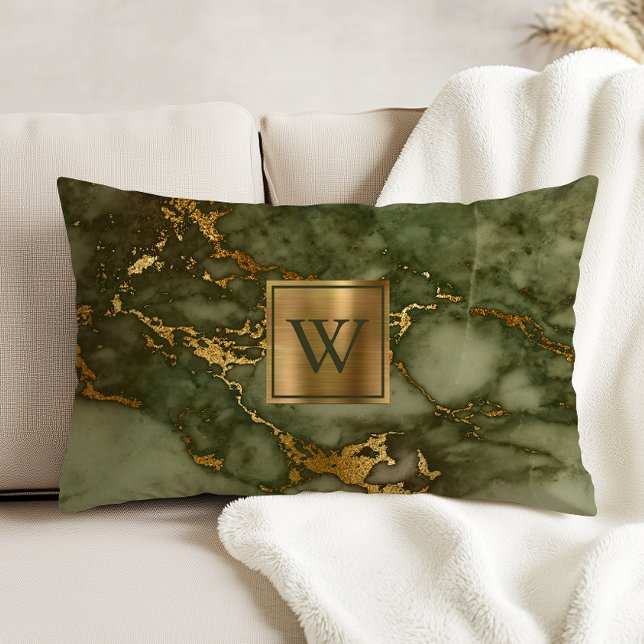 Olive Green Marble Imitate Gold Foil Monogram Dekokissen (Von Creator hochgeladen)