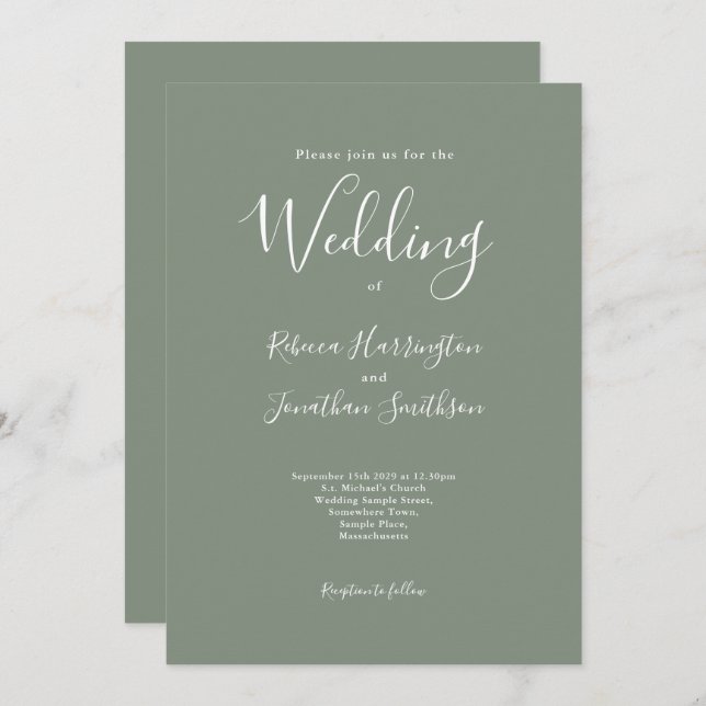 Olive Green Minimal Moderne Hochzeit Einladung (Vorne/Hinten)