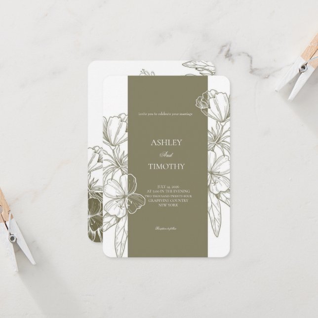 Olive Green Minimalist Floral Wedding Invitation Einladung (Vorderseite/Rückseite Beispiel)