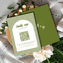 Olive green Minimalist Retro Checker Arch Wedding RSVP Karte