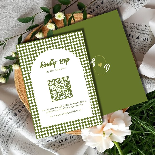 Olive green Minimalist Retro Checker Arch Wedding RSVP Karte (Von Creator hochgeladen)